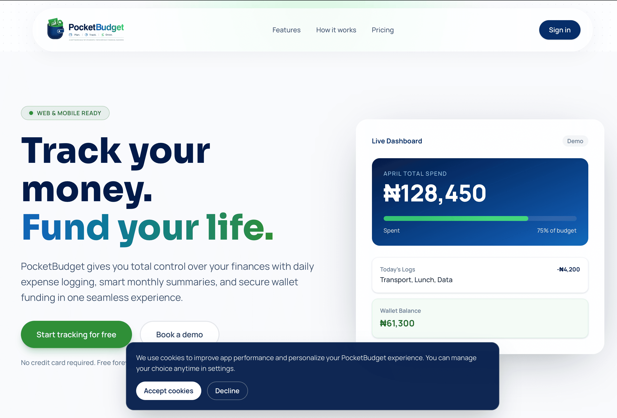 PocketBudget expense tracker dashboard preview