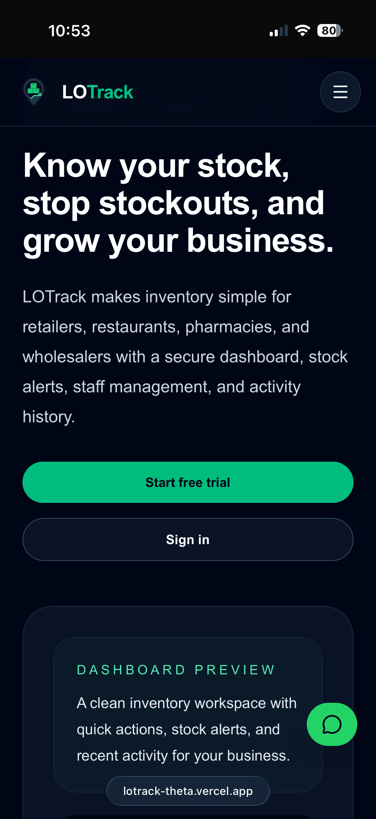 Mobile preview of LOTrack — Inventory Management