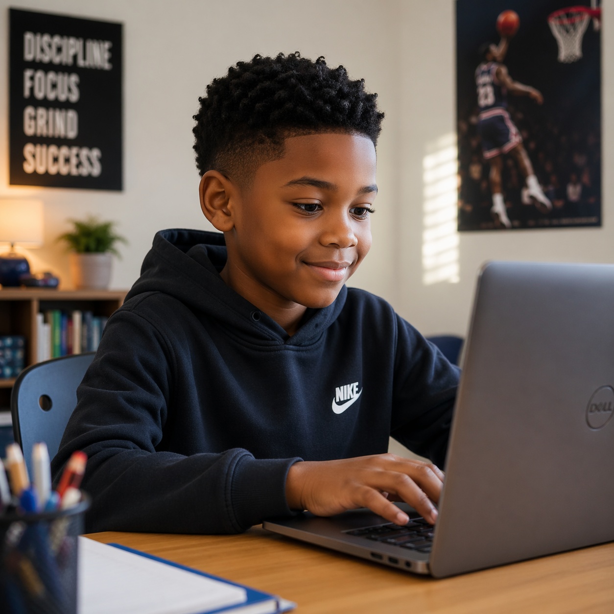 A brilliant 8-year-old black child smiling while building a website on a laptop