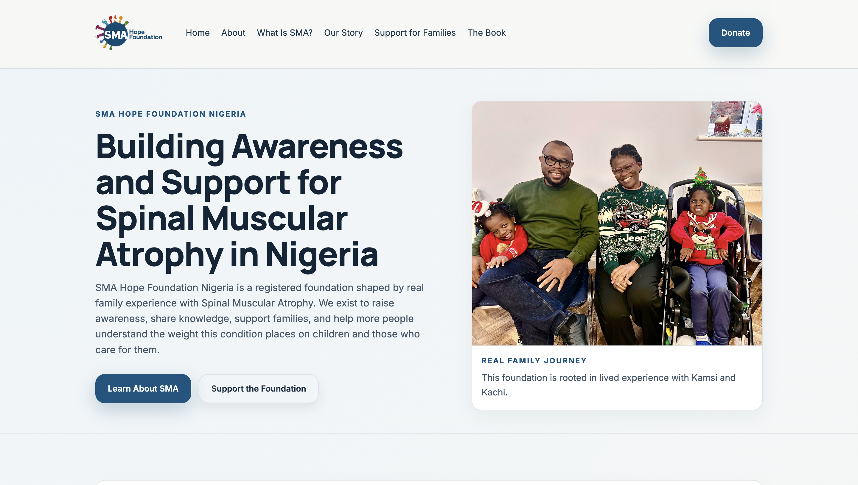 SMA Hope Foundation desktop website interface built with AI-assisted workflow