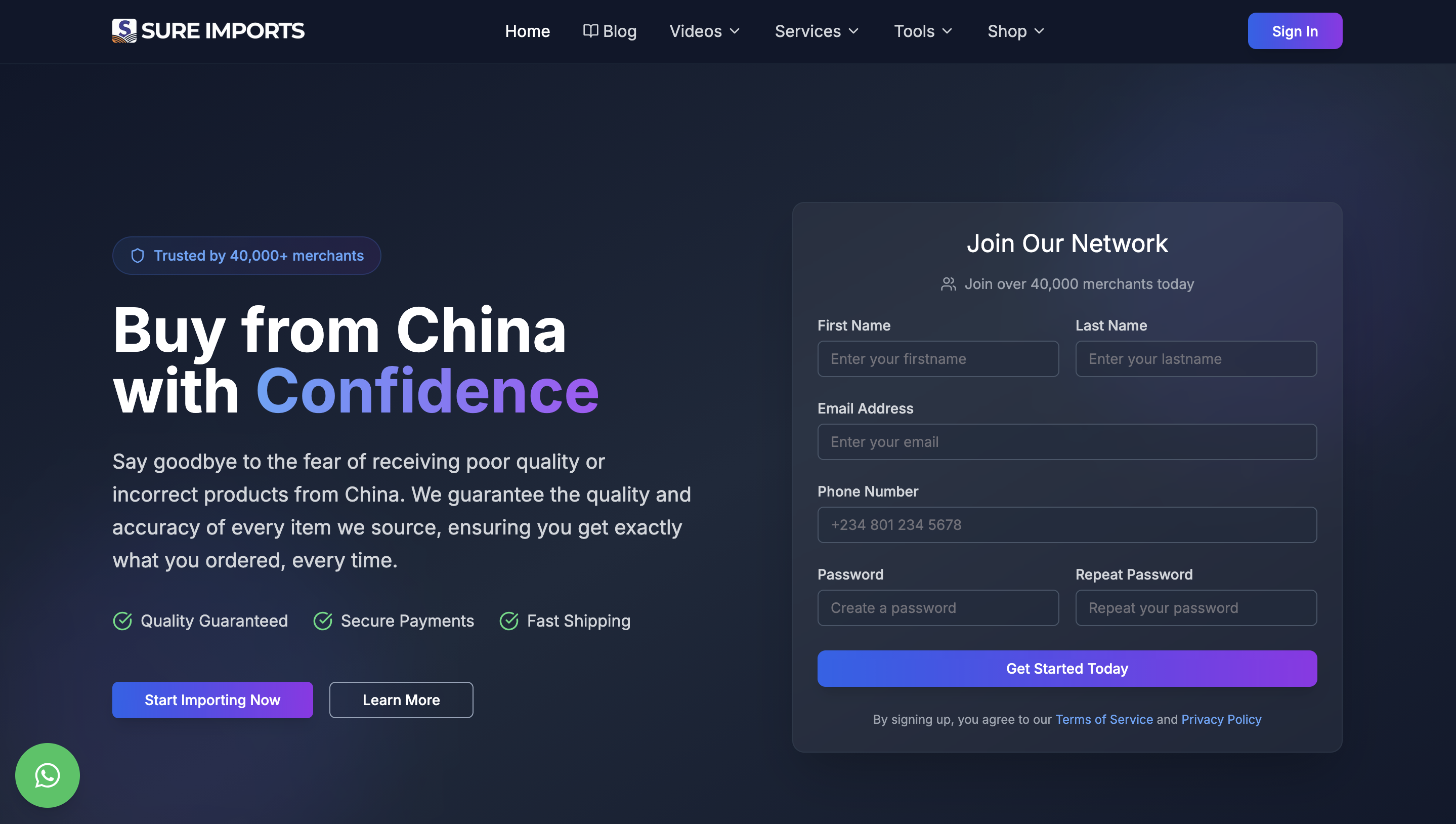 Sure Imports desktop landing page built with AI-assisted workflow